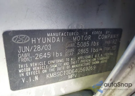 2004 Hyundai Santa Fe Gls z USA, uszkodzony, nr VIN KM8SC13D64U569269